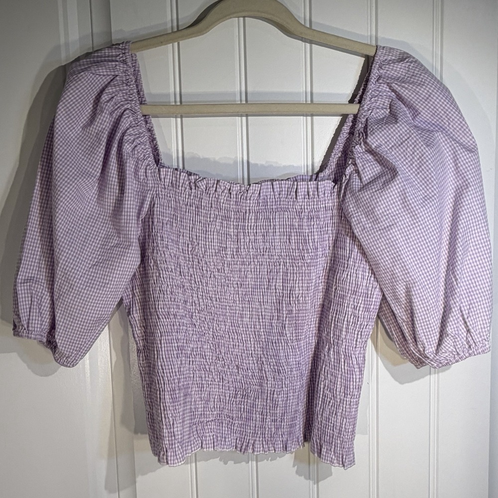 Vero Moda Lavender Gingham Smocked Puff Sleeve Square Neck Peasant Top Medium